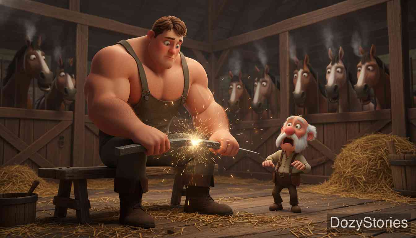 The Young Giant - The young giant returns to his parents, demonstrating amazing farming skills but terrifying them with his immense appetite. Unable to provide enough food or suitable tools, he decides to leave home. - Scene Illustration 2