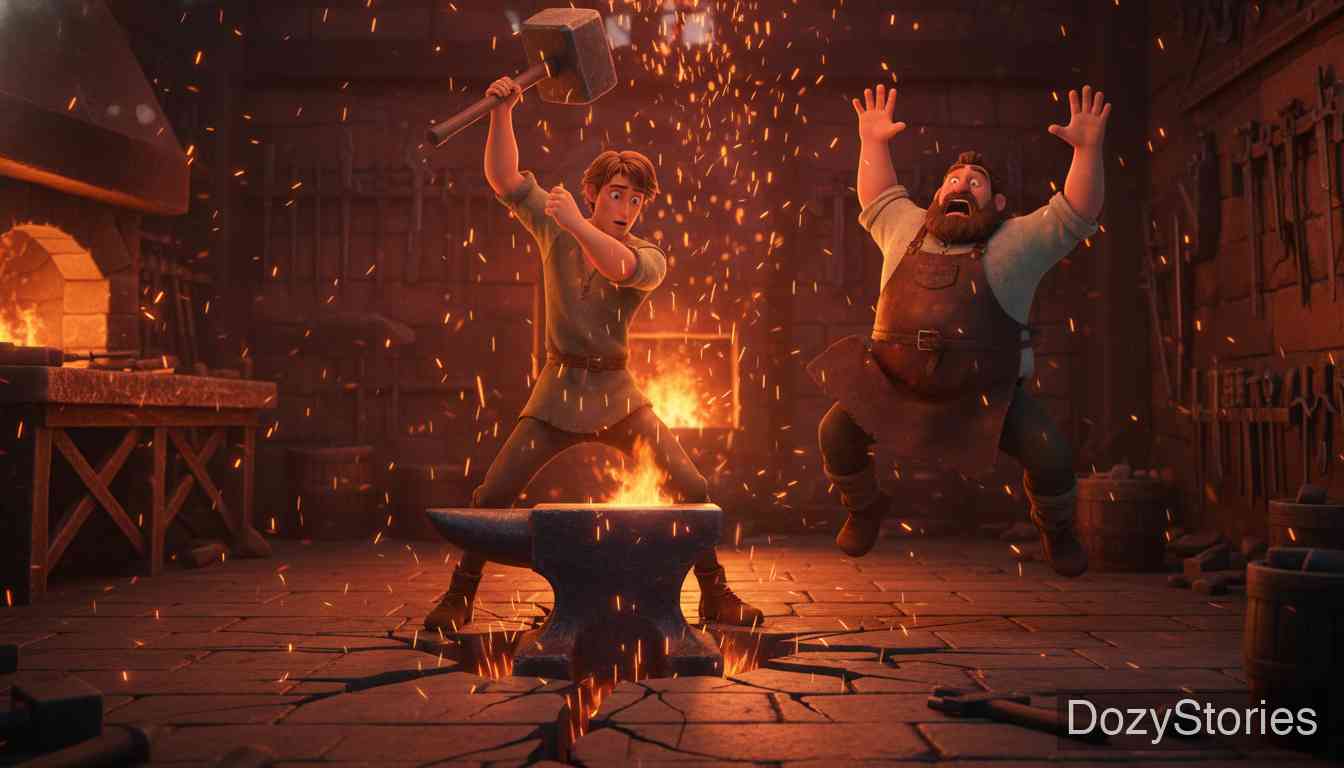The Young Giant - He apprentices as a smith, asking only for two kicks as wages. His first blow sinks the anvil, and when fired, he kicks the smith over four haystacks, leaving with the thickest iron bar. - Scene Illustration 3