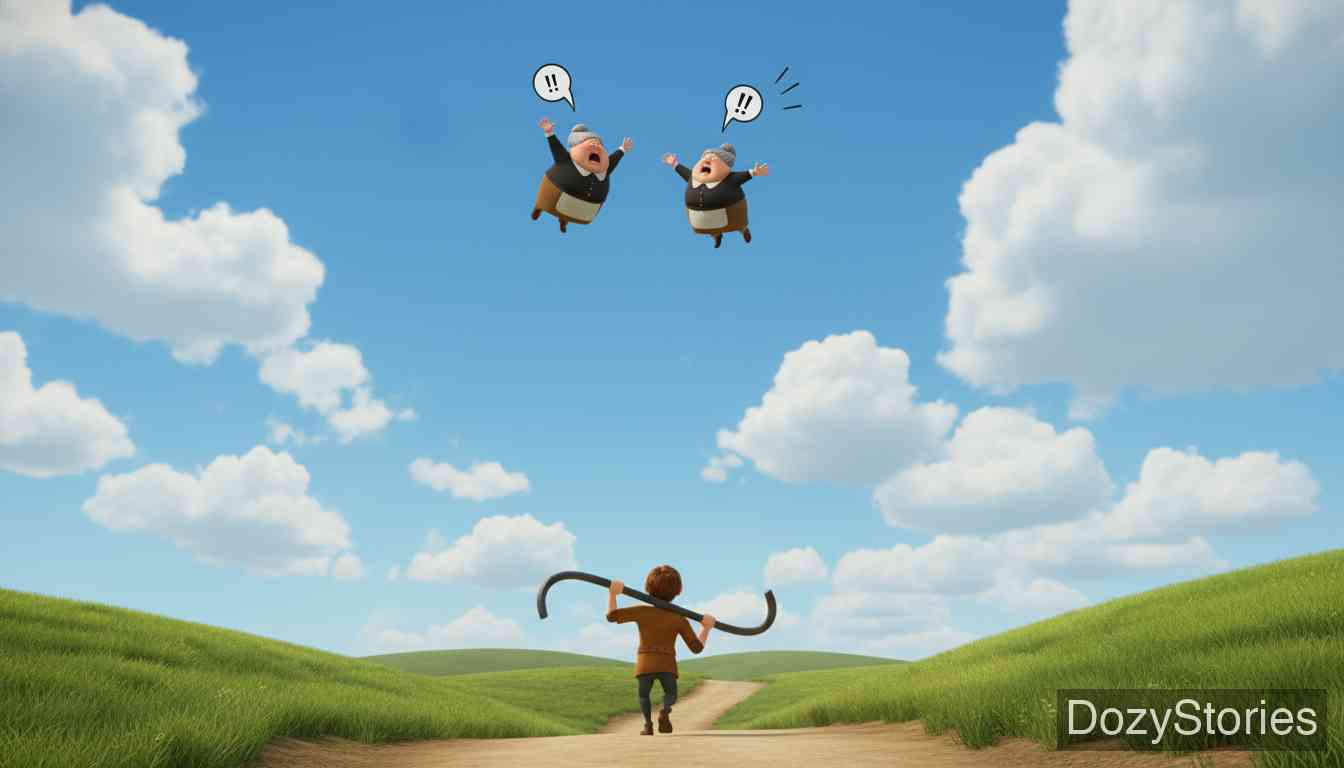 年轻的巨人 - 管家试图逃跑未果，最终被年轻的巨人一脚踢飞，他的妻子也不愿受罚，同样被踢飞到更高处。两人在空中漂浮无法相聚，而年轻的巨人则拿起铁棍继续他的旅程。 - 场景插画 5