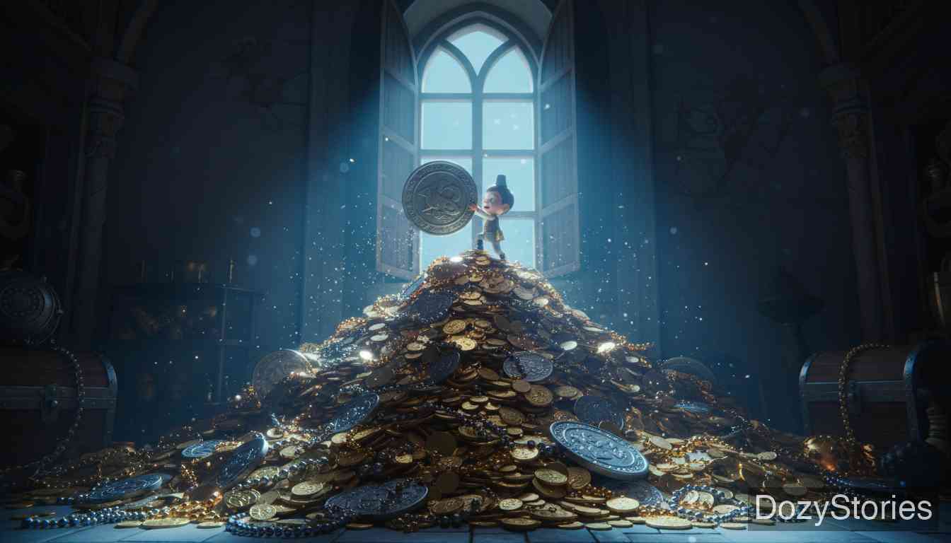 大拇指游记 - 大拇指协助强盗进入国王的宝库，利用身形优势戏弄了守卫，并将金币扔出窗外分给强盗。 - 场景插画 2