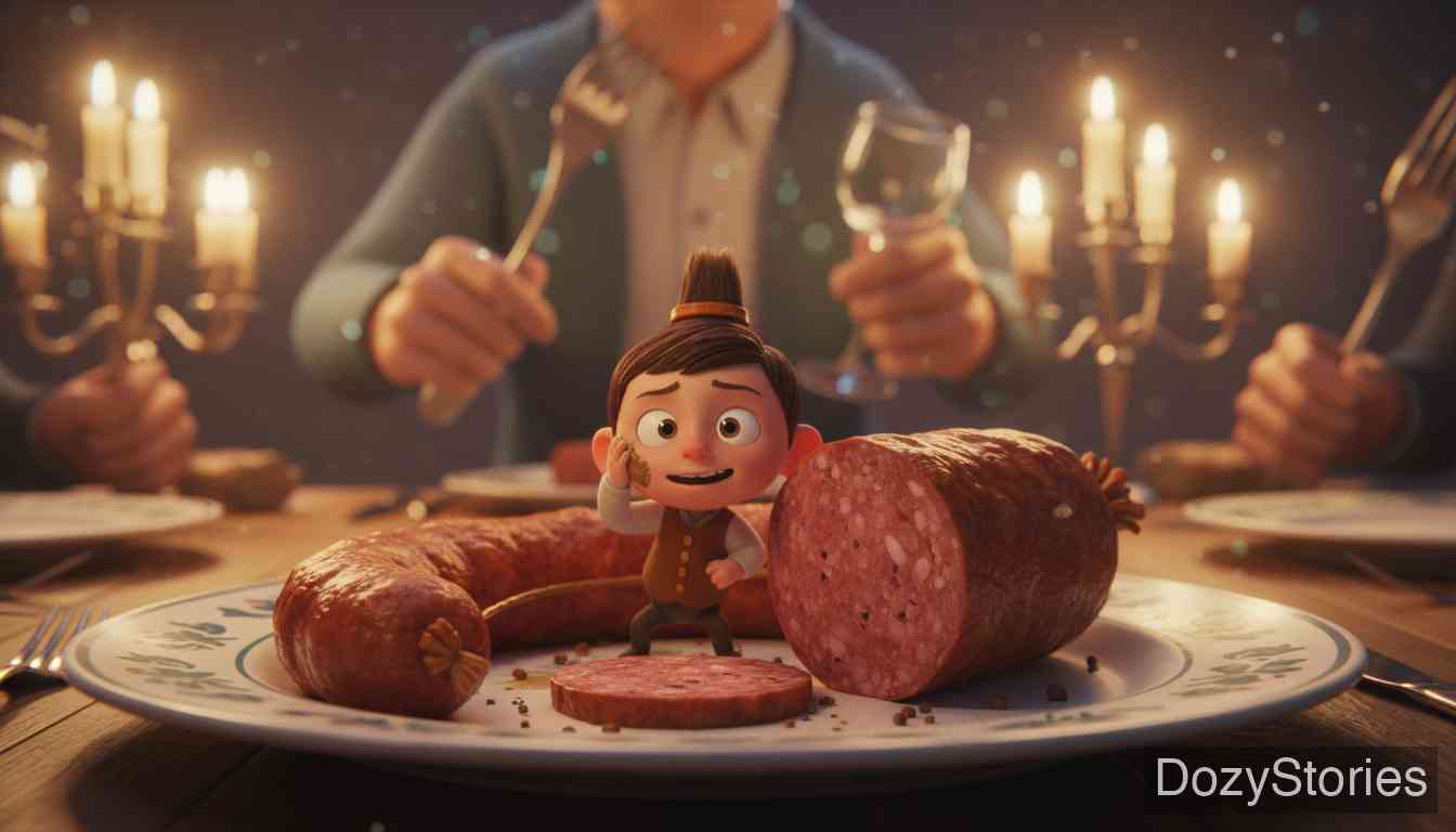 大拇指游记 - 牛被宰杀时大拇指侥幸逃脱，却又被塞进香肠熏制，直到冬天切香肠时才逃出来。 - 场景插画 4