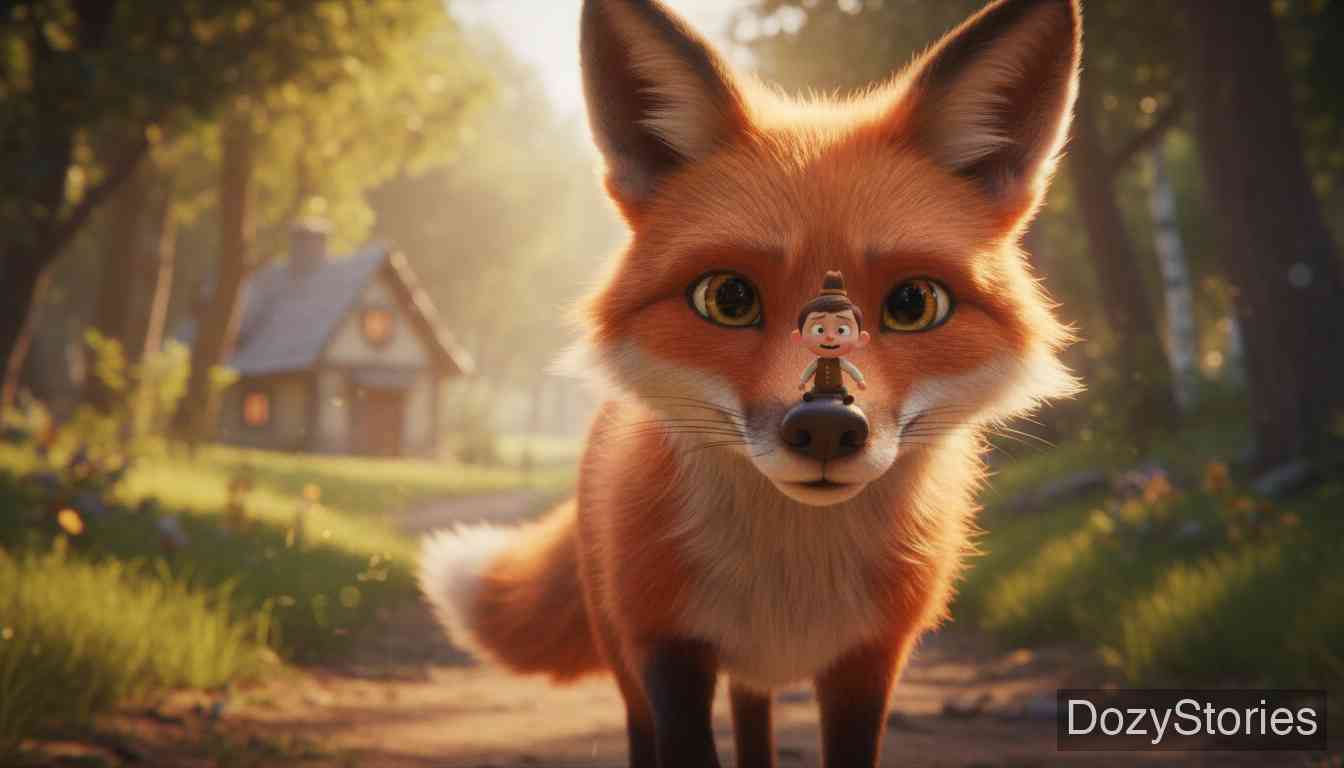 大拇指游记 - 大拇指被狐狸吞下，通过许诺把家里的鸡给狐狸吃才回到家中与父亲团聚。 - 场景插画 5