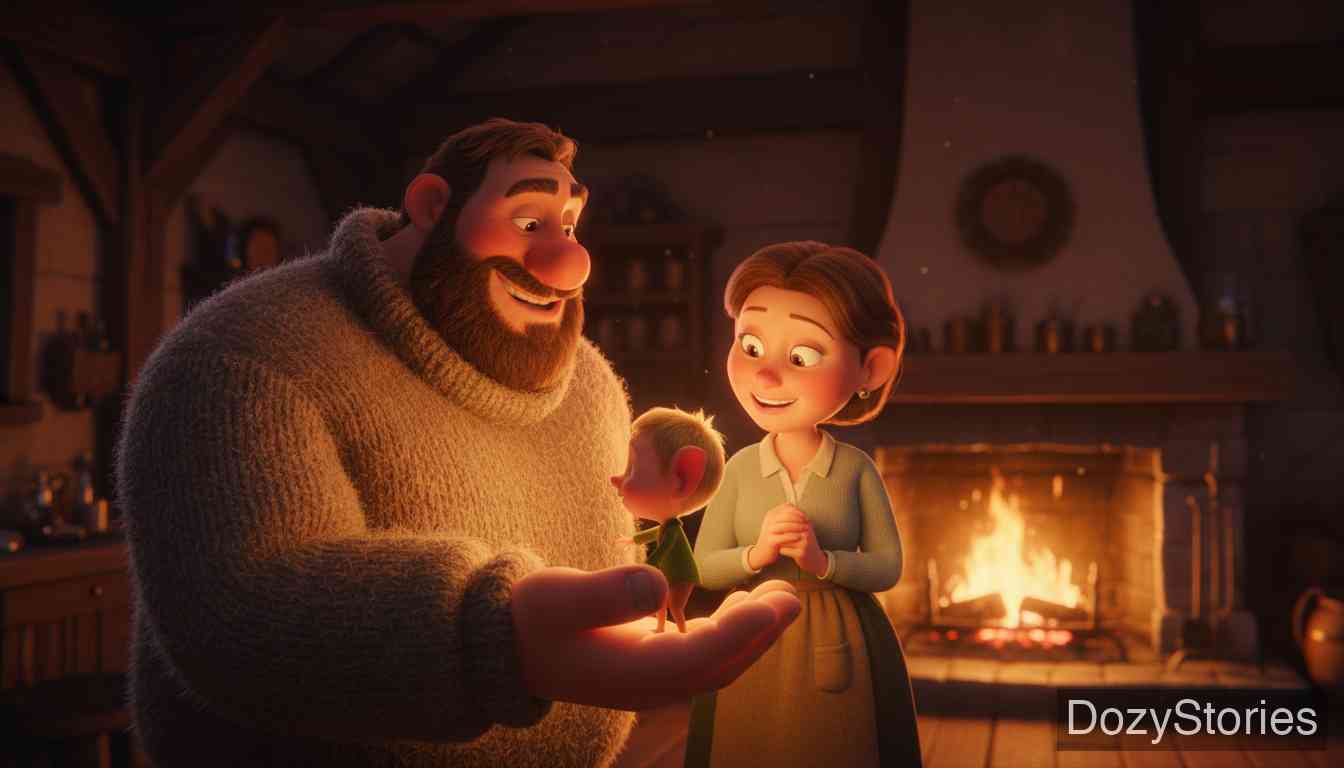 大拇指儿 - 大拇指儿里应外合，在父母的帮助下杀死了狼，重获自由并回到了家。 - 场景插画 5