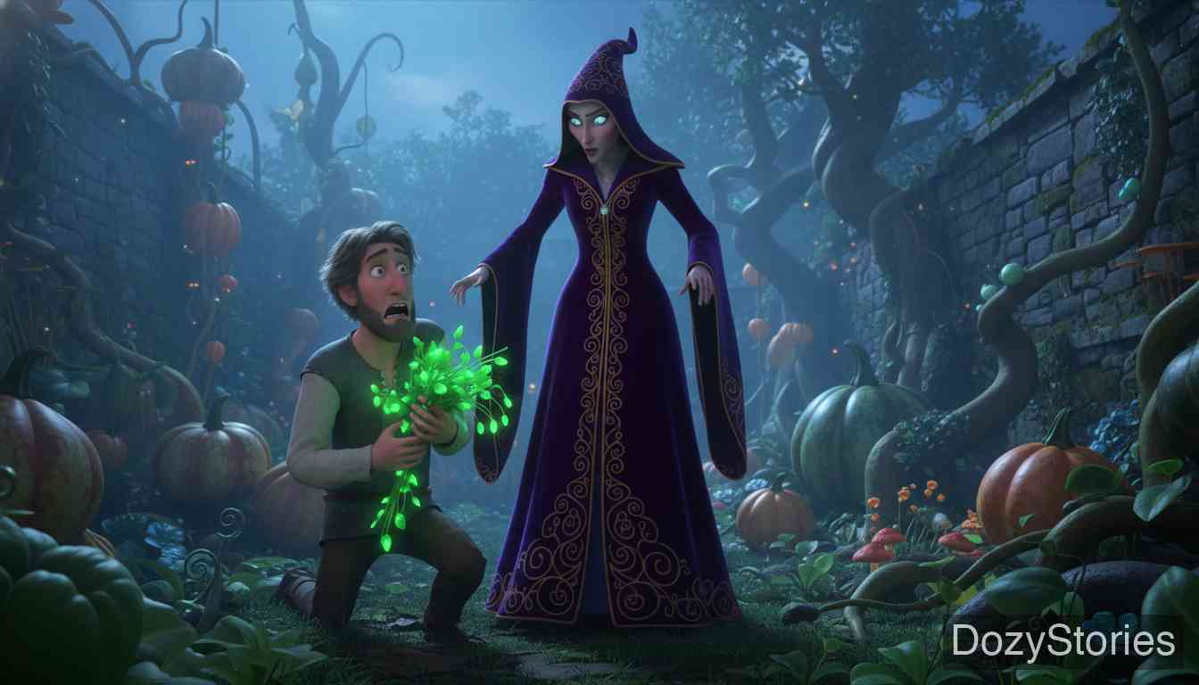 莴苣姑娘 (长发公主) - 为了满足妻子对莴苣的极度渴望,丈夫冒险潜入女巫的花园偷窃,最终被迫用未出生的孩子交换。 - 场景插画 1