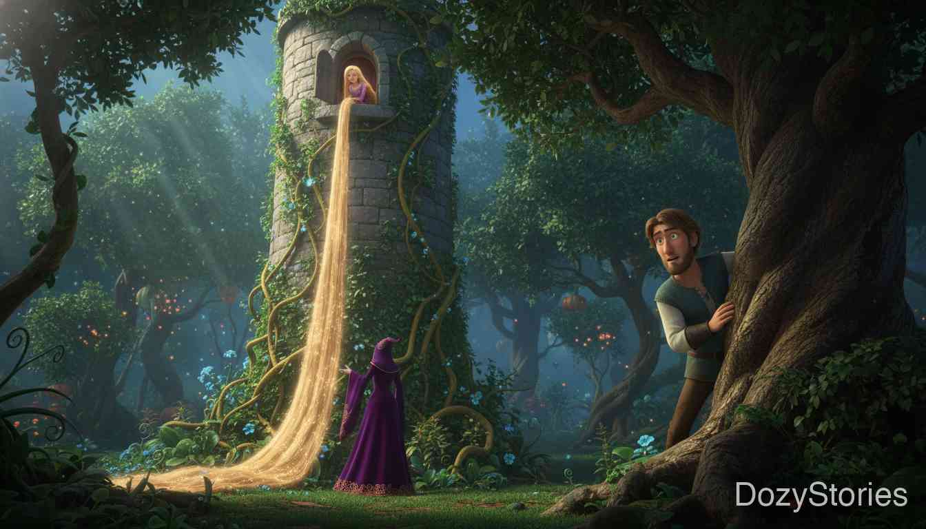 莴苣姑娘 (长发公主) - 拉普泽尔被关在森林深处的高塔中,王子偶然经过,听到了她美妙的歌声,并发现了女巫进出高塔的秘密。 - 场景插画 2