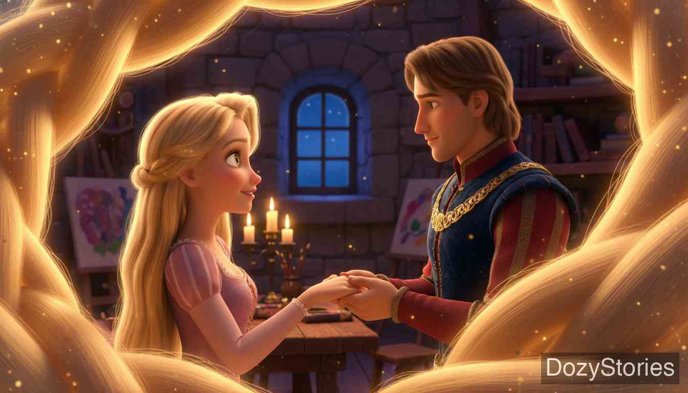 莴苣姑娘 (长发公主) - 王子模仿女巫的声音爬上高塔见到了拉普泽尔,两人坠入爱河并制定了逃跑计划。 - 场景插画 3