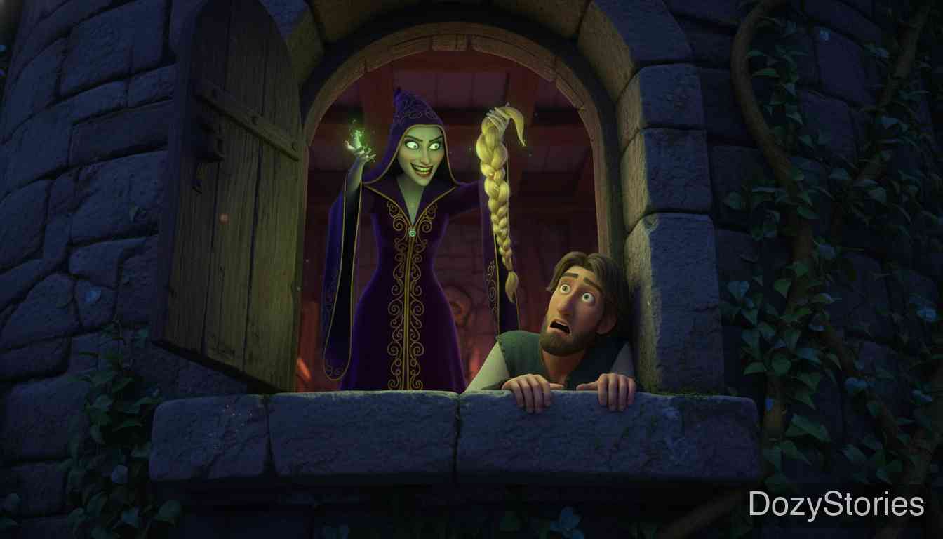 Rapunzel - The Witch discovers the secret, banishes Rapunzel, and tricks the Prince, who falls from the tower and is blinded by thorns. - Scene Illustration 4