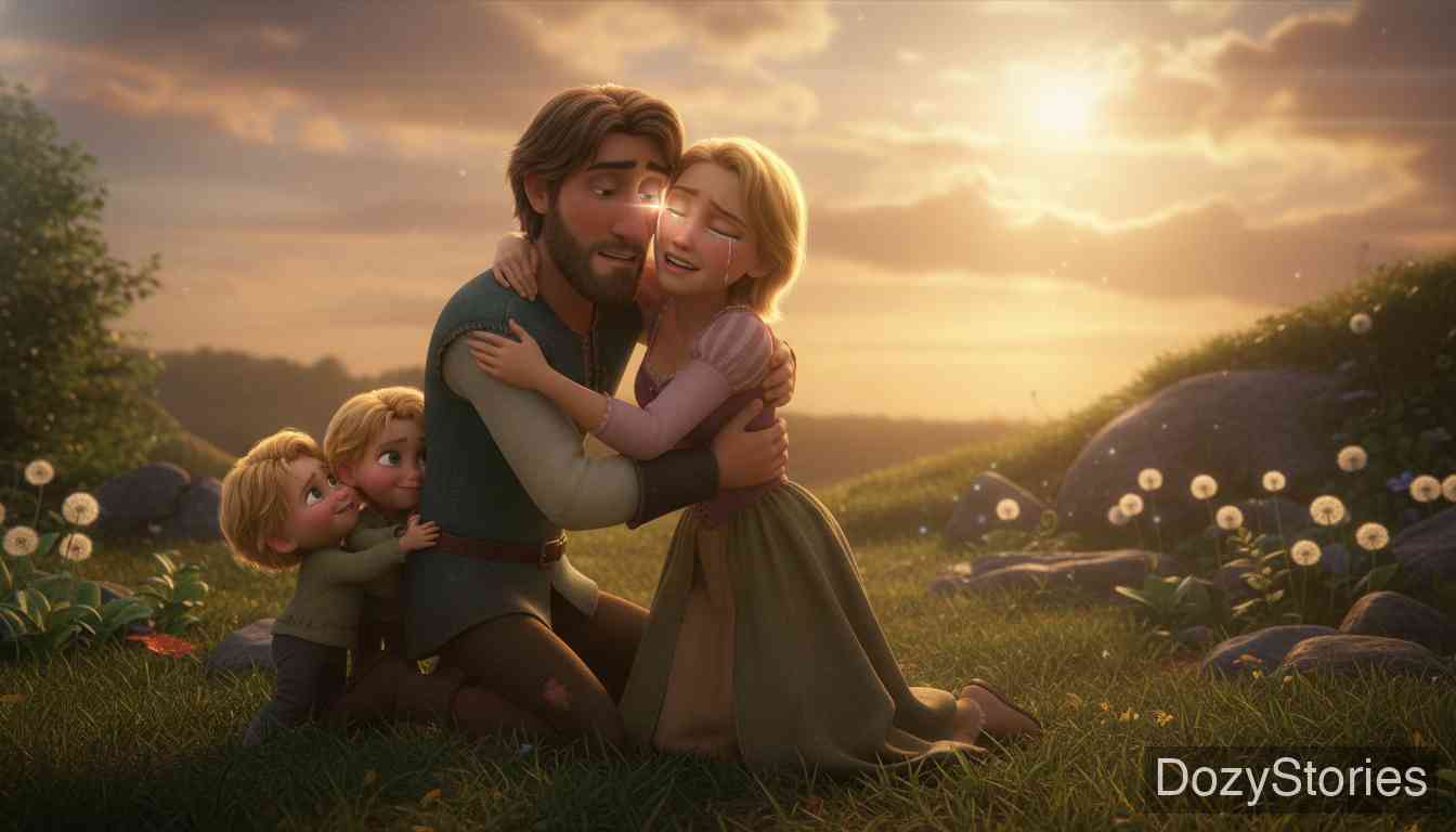 Rapunzel - After years of wandering, the blind Prince finds Rapunzel and their twins; her tears miraculously restore his sight, leading to a happy ending. - Scene Illustration 5