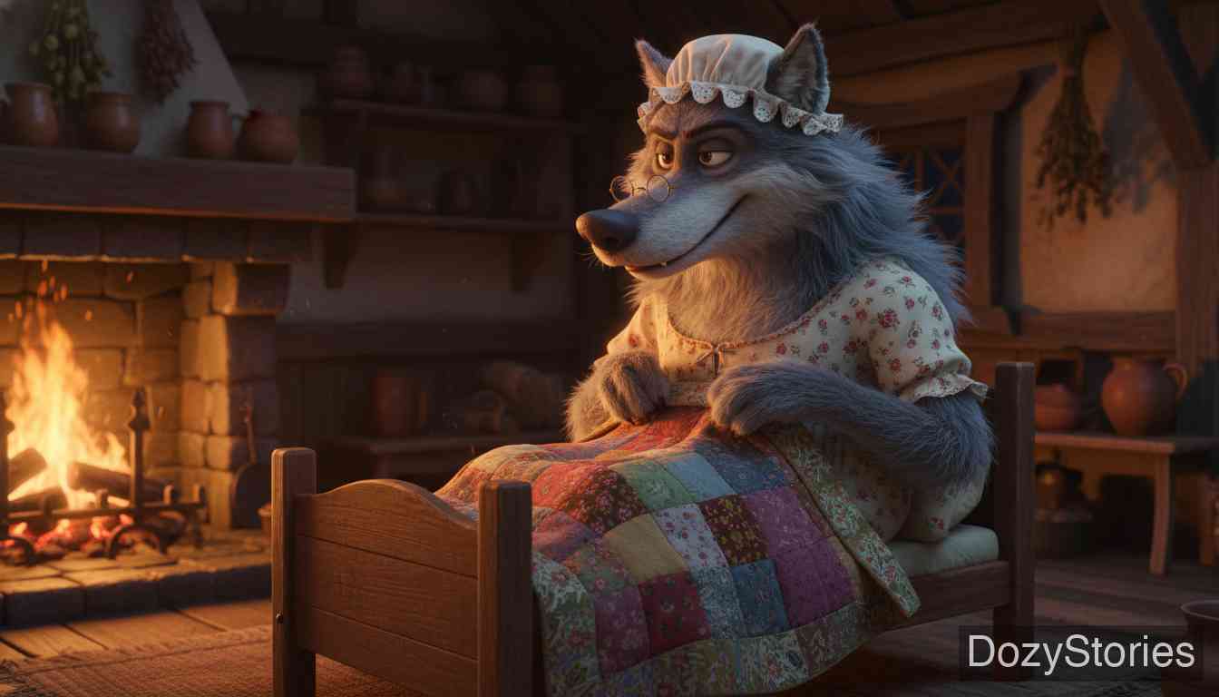 Little Red Riding Hood - The wolf tricks Little Red Riding Hood into picking flowers, then races to the grandmother's house, eats her, and takes her place in bed. - Scene Illustration 2
