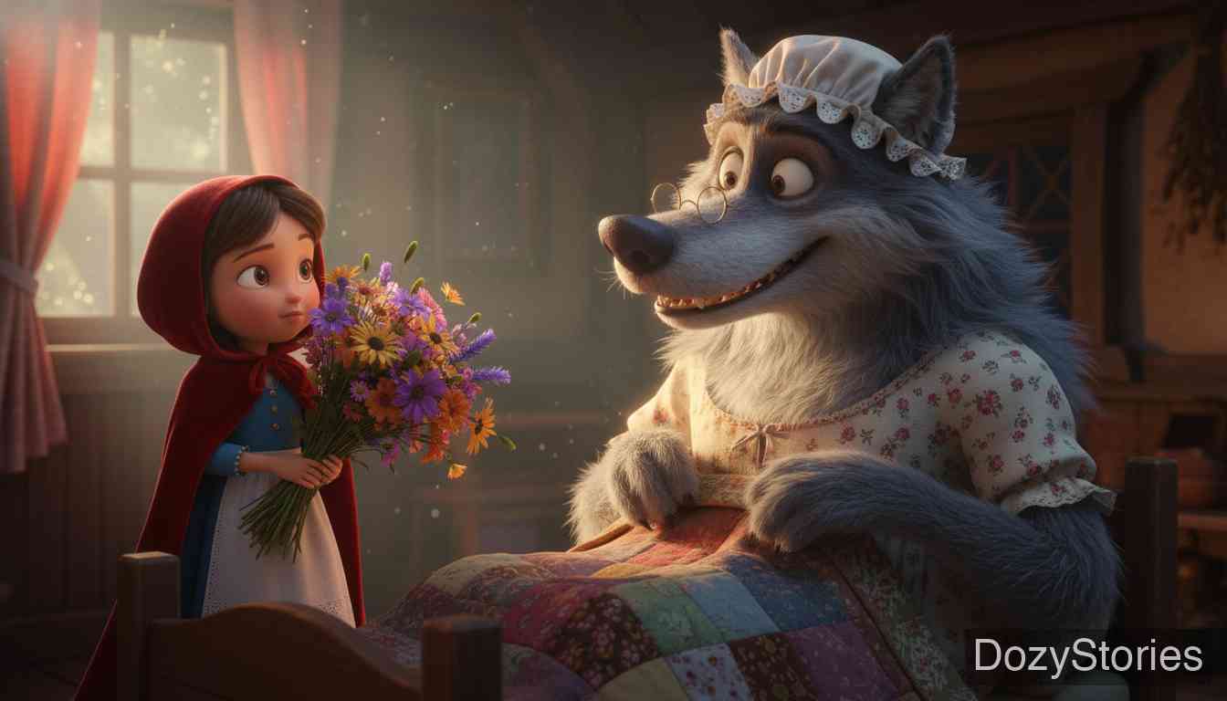 Little Red Riding Hood - Little Red Riding Hood arrives, finds her grandmother looking strange, and after a series of questions, is also eaten by the wolf. - Scene Illustration 3