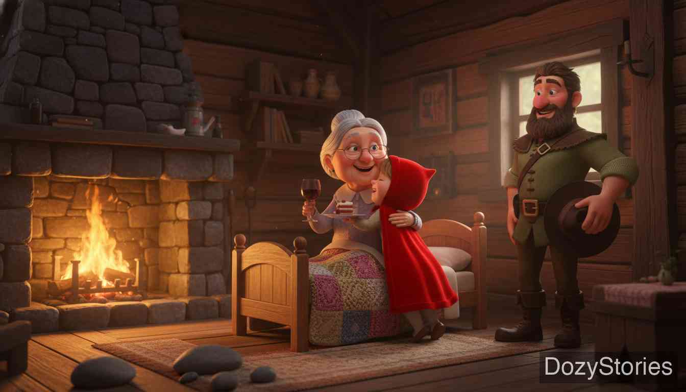 小红帽 - 猎人路过听到鼾声,进来剪开狼的肚子救出了小红帽和祖母,狼最后被石头撑死。 - 场景插画 4